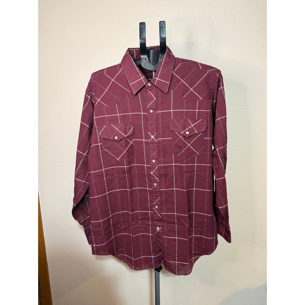 Sheplers Mens Large Long Sleeve Western Pearl Snap Shirt Burgundy Plaid Cowboy